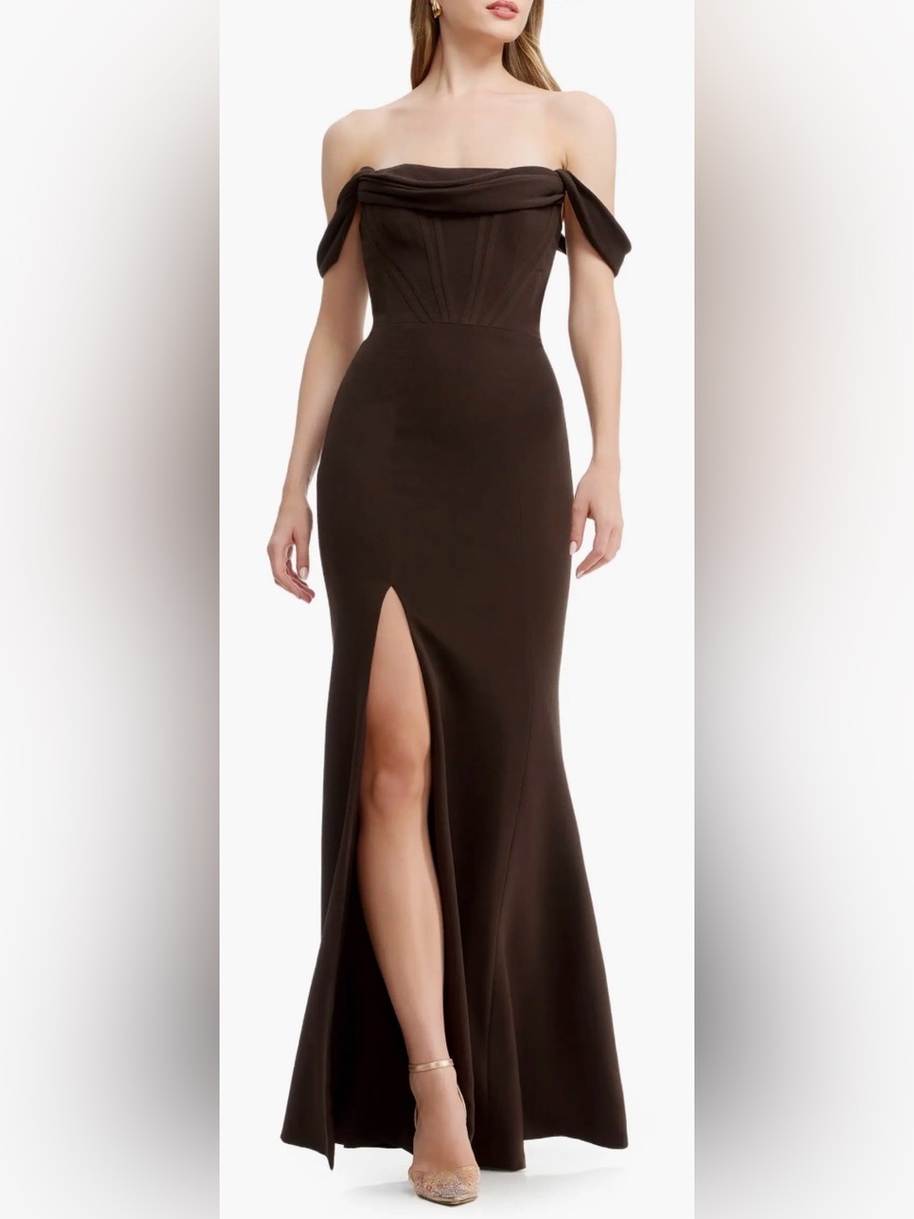 NEW Dress The Population Melania Off the Shoulder brown mocha Gown Sz M